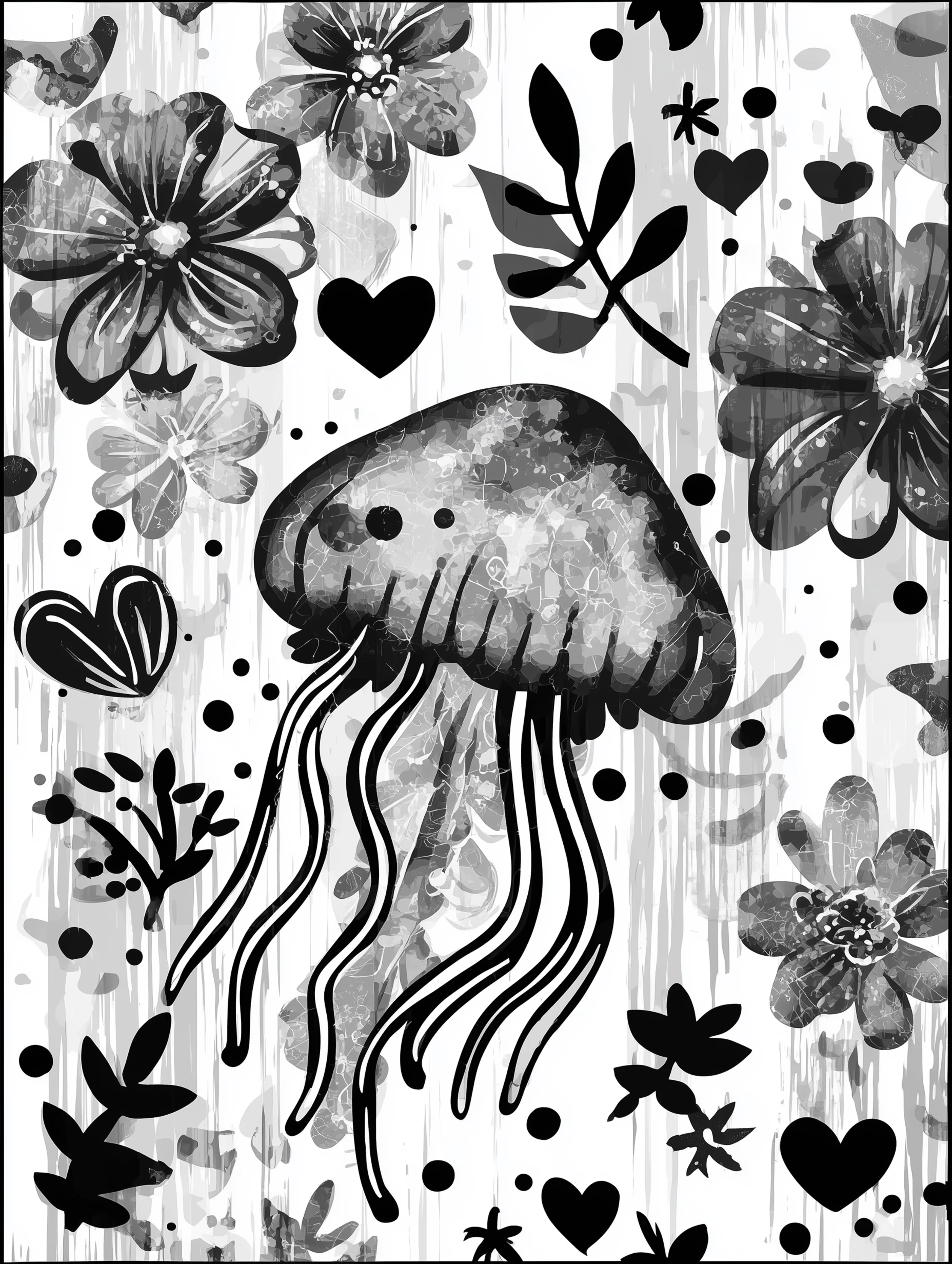 Free printable jellyfish coloring page for adults featuring starfish and floral elements